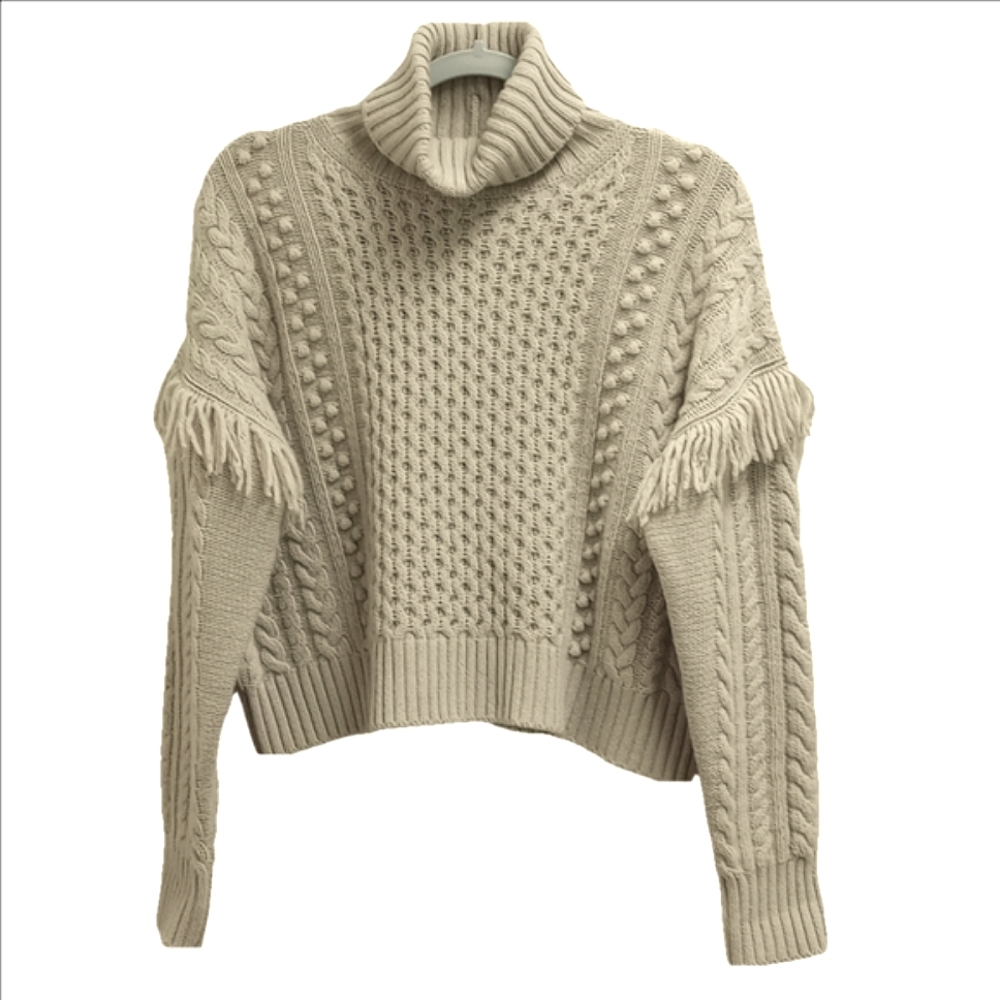 🆕 MAXMARA WEEKEND "LODOLA" BEIGE VIRGIN WOOL CABLE FRINGE TURTLENECK - Picture 2 of 12